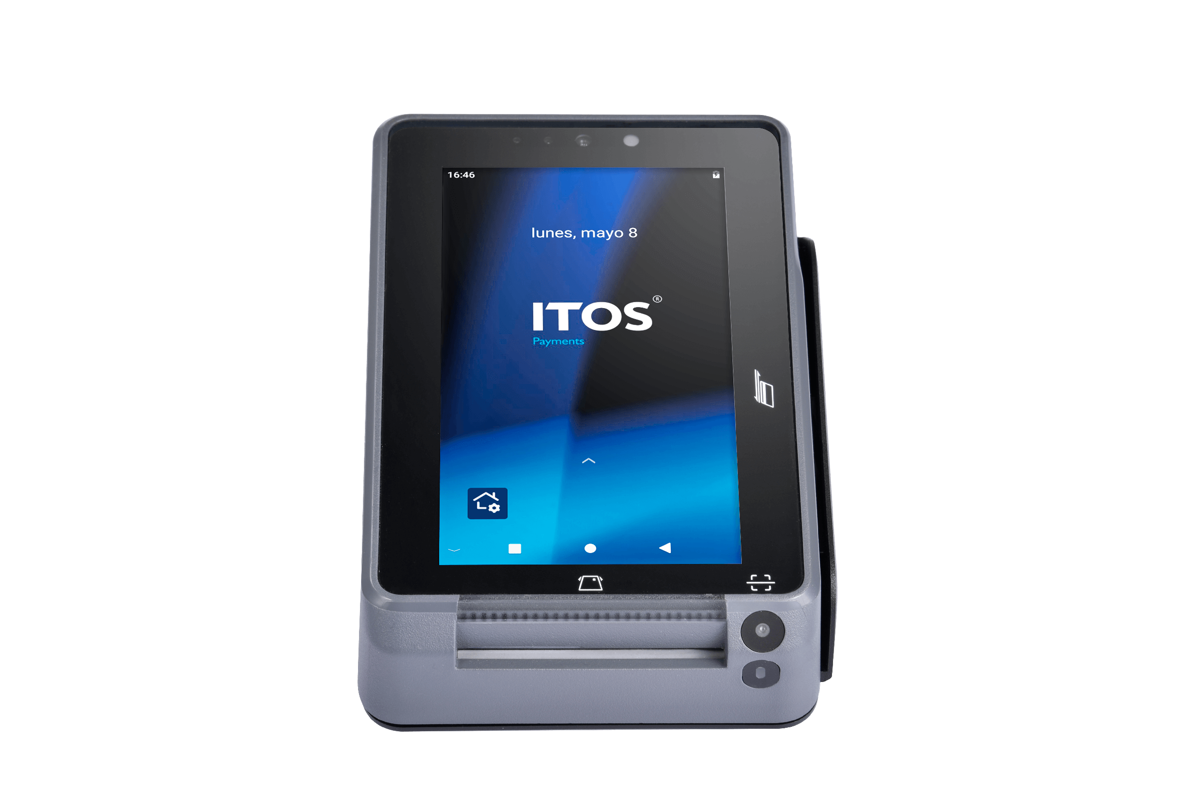 Terminal de pago desatendido ITOS IN20 con pantalla táctil y lector de tarjetas